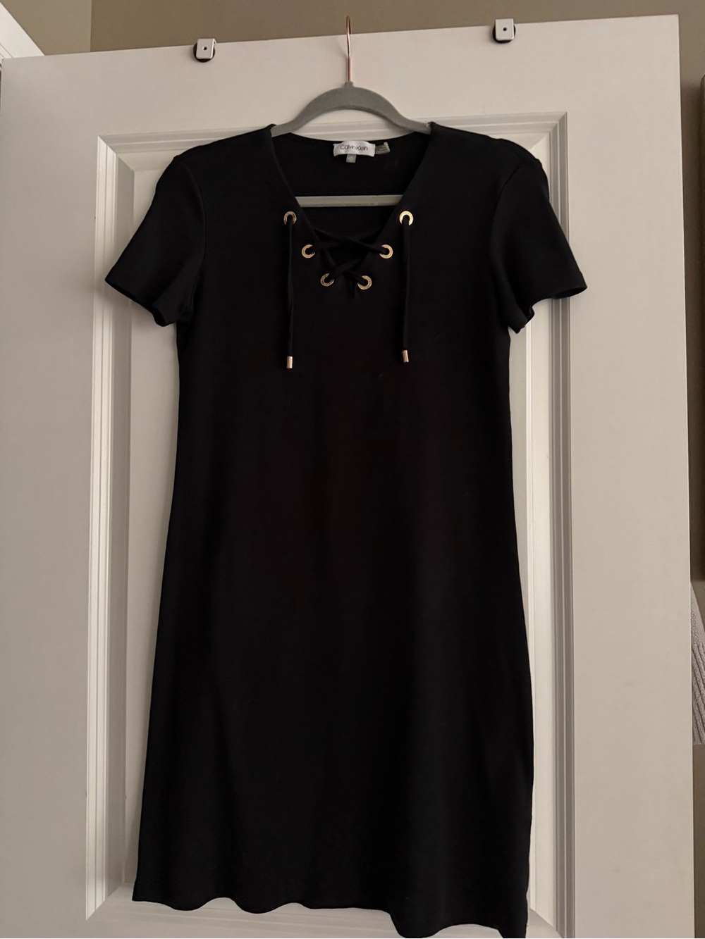 Calvin Klein Black Short-Sleeve Lace-Up Midi Dress